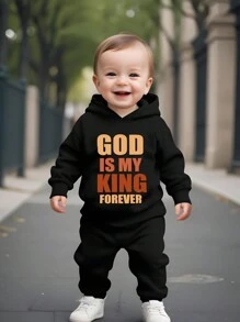 SHEIN Bộ 2 món/Bộ áo nỉ trùm đầu và quần nỉ thường ngày cho bé trai, mùa thu đông - màu đen - Xem 1