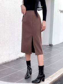 SHEIN Unity 女士休闲秋季侧拉链开衩下摆 A 字裙 - 棕色 - 查看 5