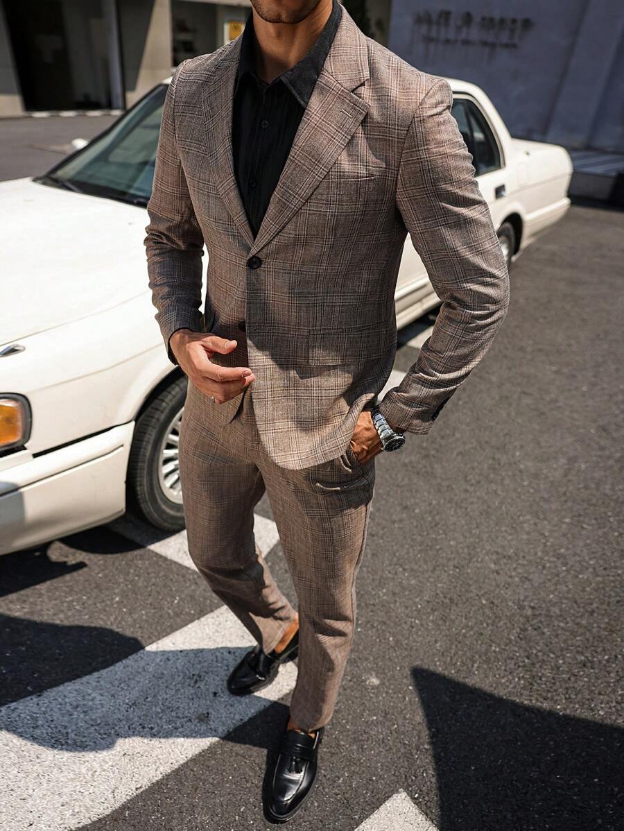 Manfinity Mode Men Front Button Long Sleeve Lapel Neck Shirt And Pants Suit - Coffee Brown - View 1