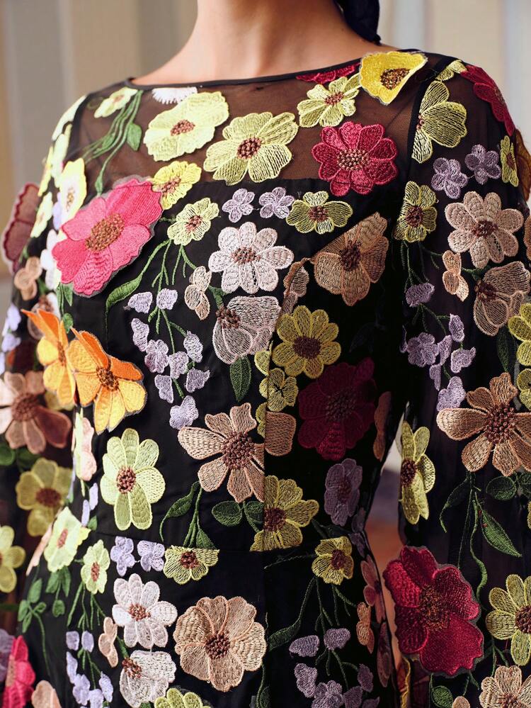 ZEYLAH EMBROIDERY MESH FLORAL PATTERN LANTERN SLEEVE LONG