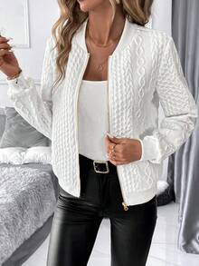 SHEIN Clasi 女士秋季休闲金属质感拉链棒球夹克 - 白色 - 查看 5