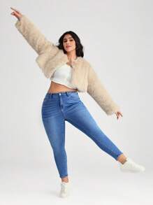 SHEIN BASICS Plus Size Elastic Tight Fit Blue Denim Jeans - Blue - View 5