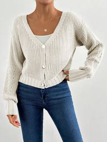 RueChic 简约纯色前排纽扣长袖上衣，休闲日常穿着 - 白色 - 查看 5