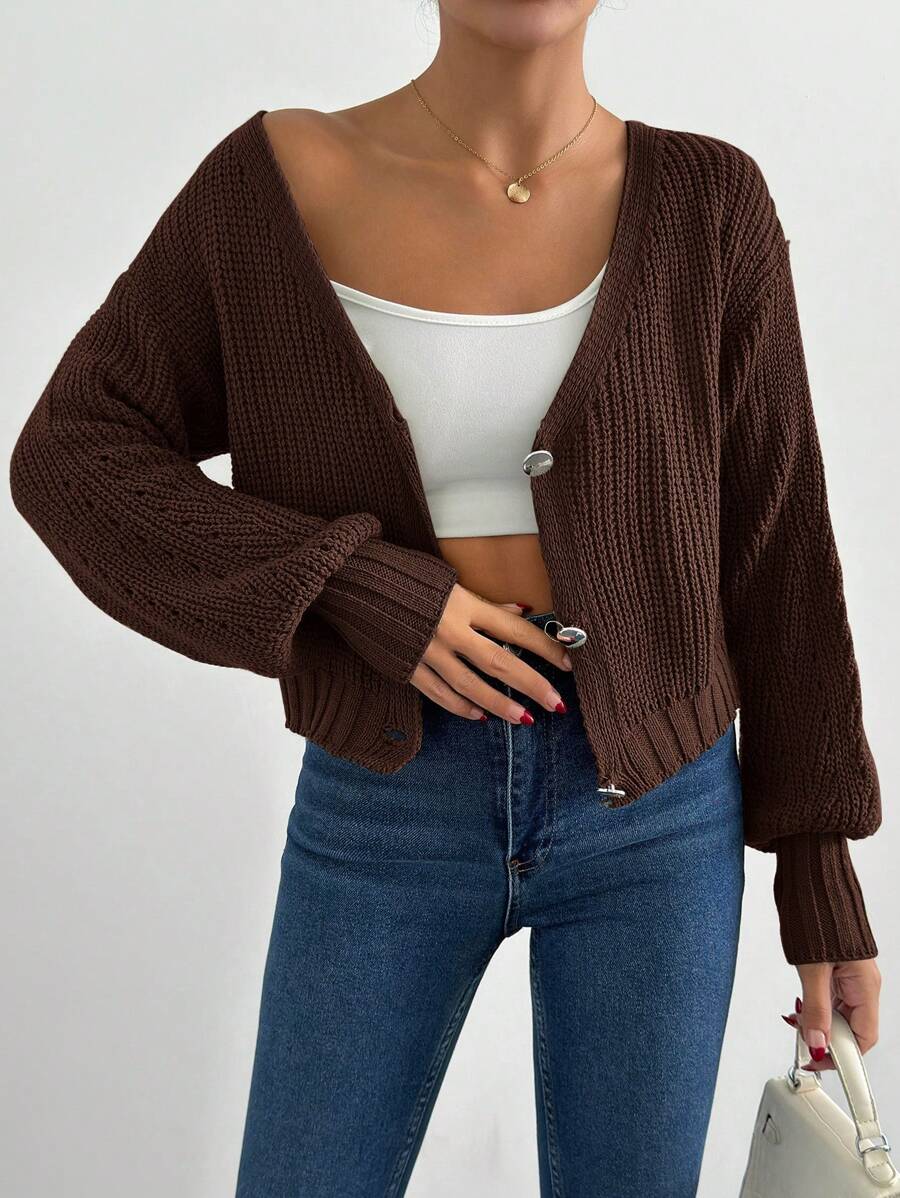 SHEIN Cottnline 女式纯色落肩长袖单排扣宽松休闲开衫,秋冬 - 棕色 - 查看 1