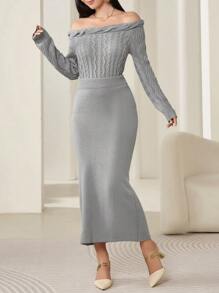 Modelyn Women's Off Shoulder Long Sleeve Solid Knit Sweater & Long Hem Knit Skirt 2 Pieces Set, Elegant And Slim-Fit, Fall 2 Pieces Set