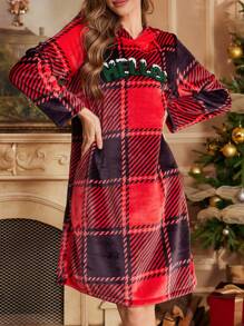 Váy ngủ trùm đầu bằng vải nỉ kẻ caro thêu hoa văn cho nữ, Giáng sinh - Đỏ - Xem 3