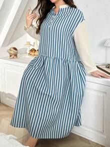 大码休闲条纹拼色印花宽松纽扣半拉链长袖睡袍，秋季 - 藍白色 - 查看 4