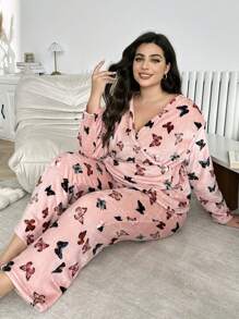 Butterfly Print Flannel Oblique Collar Shirt And Pants Plus Size Women Pajama Set, Casual