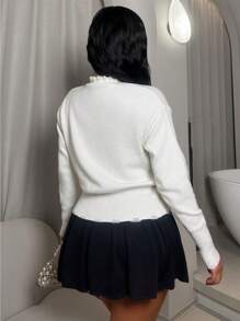 VaVaBold Women's Cardigan, Knitted Cardigan, White Top, Long Sleeved Faux Pearl, Loose Fitting Friend Gatherings, All Season Autumn And Winter Women's Clothing - White - View 2