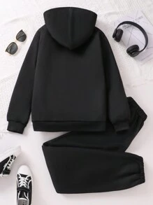 SHEIN Explorewe 2pcs/Set Tween Girl Letter Print Hoodie And Pants Set, Autumn/Winter, School, Campus, College - Black - View 2