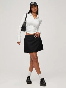 SHEIN BASICS Casual Solid Color Knit Collared Half-Button Front Fitted Long Sleeve Blouse With Pleated Sides For Women, Cozy Chic, Daily Commute