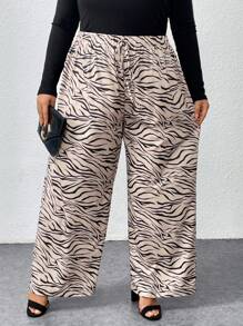 SHEIN CURVE+ Curve Plus Size Casual Zebra Stripe Straight Leg Pants - Khaki - View 7