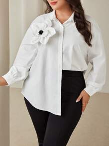 Modelyn Plus Size Women Floral 3D Decor Long Sleeve Loose Blouse, Elegant For Autumn - White - View 5