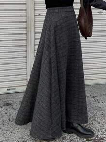 FRIFUL Women's Autumn/Winter Textured Plaid A-Line Skirt - Dark Grey - View 7