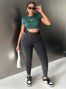 Slaydiva Plus Size High Waist Stretchy Black Skinny Fit Jeans - Black - View 3