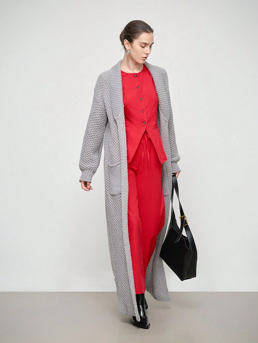 SHEIN LUNE Autumn Casual Linen Blazer Vest And Skirt Set - Red - View 1