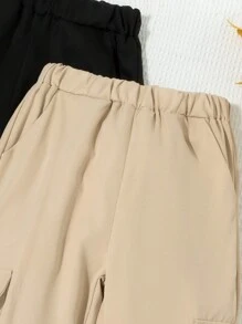 Tween女孩直筒2件組純色鬆緊腰工裝口袋綁腳休閒寬鬆保守長褲套裝 秋冬返校季 黑色/粉色 - 彩色 - 查看 3