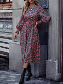 SHEIN Clasi 圆领印花休闲长袖连衣裙 - 玫紅色 - 查看 5