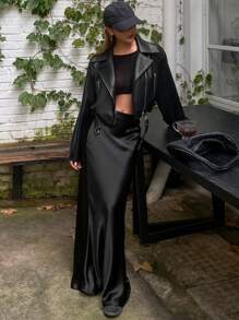 DAZY 女式宽松休闲PU皮革拉链夹克，秋季服装 - 黑色 - 查看 4