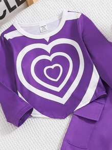2pcs Baby Girl Heart Print Top And Cargo Pants Spring Autumn Set - Purple - View 3