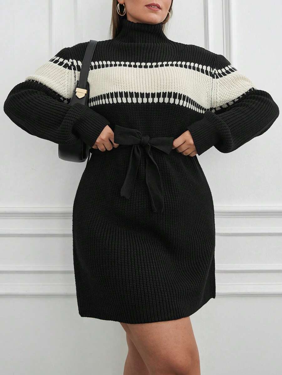 EURMUSE Plus Relaxed Fit Colorblock Detailed Knit Designed Sweater Short Dress - Black and White - View 1