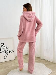 RueChic 2pcs Fuzzy Rabbit Embroidery With Hoodie Detail Homewear PJ Set - Baby Pink - View 2