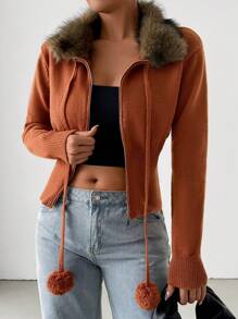 Chiquease Women's Furry Collar Waist Drawstring Zipper Front Long Sleeve Cardigan, Autumn Fall Clothes - Rust Brown - View 5