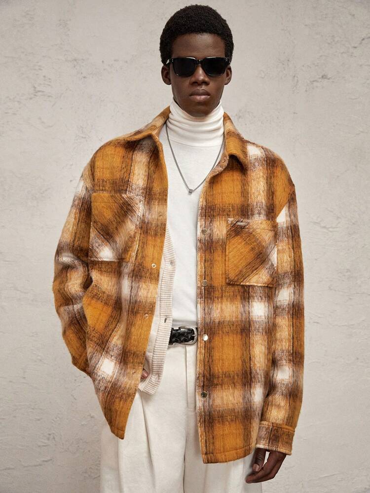 Men Plaid Loose Fit Casual Turn-Down Collar Winter Jacket