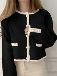 DAZY Women's Colorblock Crew Neck Form-Fitting Cardigan, Autumn,Fall Women Clothes - Black - View 3