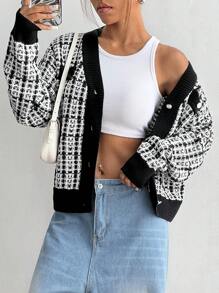 Flirla Cárdigan ancho informal de una hilera con manga larga a cuadros, otoño/invierno para mujer