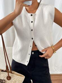 SHEIN Frenchy Women Casual Single-Breasted Textured Knit Sweater Vest,French Round Neck Sleeveless Color Clash Button Knit Sweater Top,Thanksgiving Women Outfit,White Tank Women Top ,Going Out Tops,Elegant Women Dresses White Button Up Top