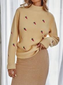 GENKIRA Sweet Academic Style Strawberry Embroidered Turtleneck Women's Sweater, Autumn, Knit Pullover Fall Winter - Yellow - View 5