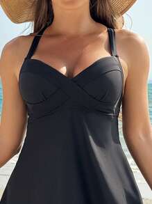 Swim Lushoire 2pcs/Set Women Solid Color Camisole & Tankini Swimming Suit Summer - Black - View 7