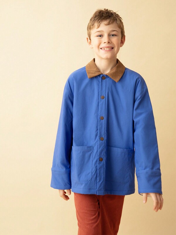 SHEIN Chaqueta básica casual de manga larga con cuello para niños preadolescentes, azul, para otoño e invierno