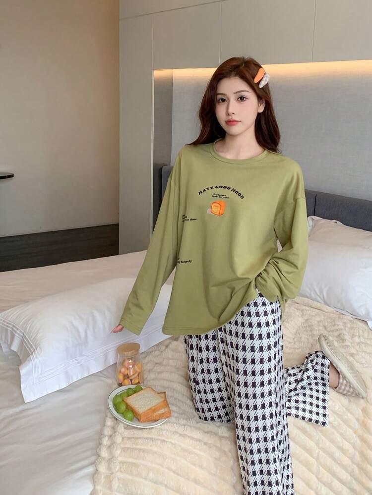 Cute Bread Print Loose Casual Sweatshirt And Plaid Pajama Pants Sleepwear Set For Autumn