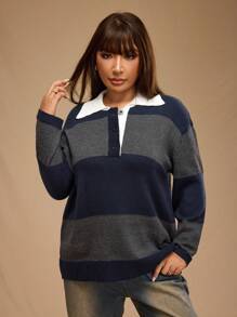 Forever 21 大码女士时尚保暖条纹高领长袖毛衣，秋冬款 - 彩色 - 查看 4