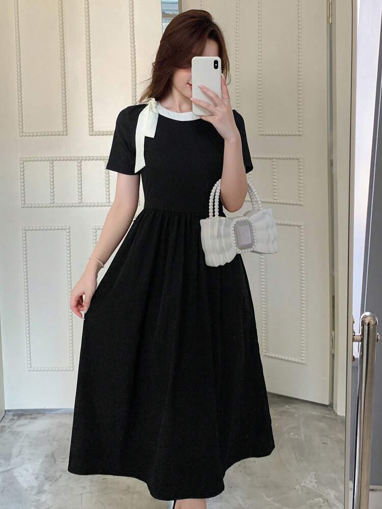 Women's Casual Elegant Colorblock Bow Decor Summer Dress