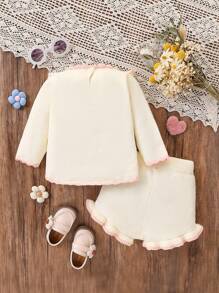 SHEIN Baby Girls' Embroidered Sweater Outfit, Beige, Warm And Fashionable For Spring, Fall, Winter, Suitable For Daily, Outdoor, Travel, Private, Home, Daycare, School Occasions