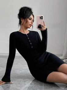 Elenzga Đầm len dệt kim cổ tròn tay dài cài nút phía trước màu trơn cho nữ - màu đen - Xem 6