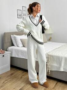 EURMUSE 2 Stücke/Set Lässig College Stil Farbblock Streifen Zopfstrick Pullover und Hose Set - Beige - Übersicht 7