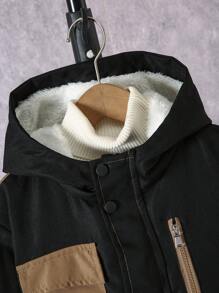 SHEIN 2pcs Tween Boy Workwear Thermal Patchwork Outdoor Fleece Jacket And Warm Pants Set, Autumn/Winter - Brown - View 6