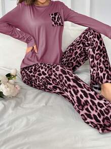 Women Leopard Print Pocket Long Sleeve Top And Pants Pajama Set, Casual