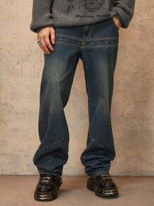 ROMWE MEN Grunge Punk Quần Jeans Baggy Denim Đơn Giản Thường Ngày Cho Nam Có Trang Trí Đinh Tán - Màu xanh lam - Xem 1