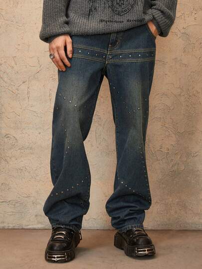 Grunge Punk Jeans baggy en jean décontractés et simples pour hommes avec décoration de rivets