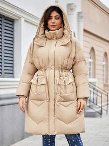 Astrid Płaszcz zimowy, swobodny, jednokolorowy, ściągany sznurkiem, z kapturem i ściągaczem - Wielbłąd - Zobacz 3