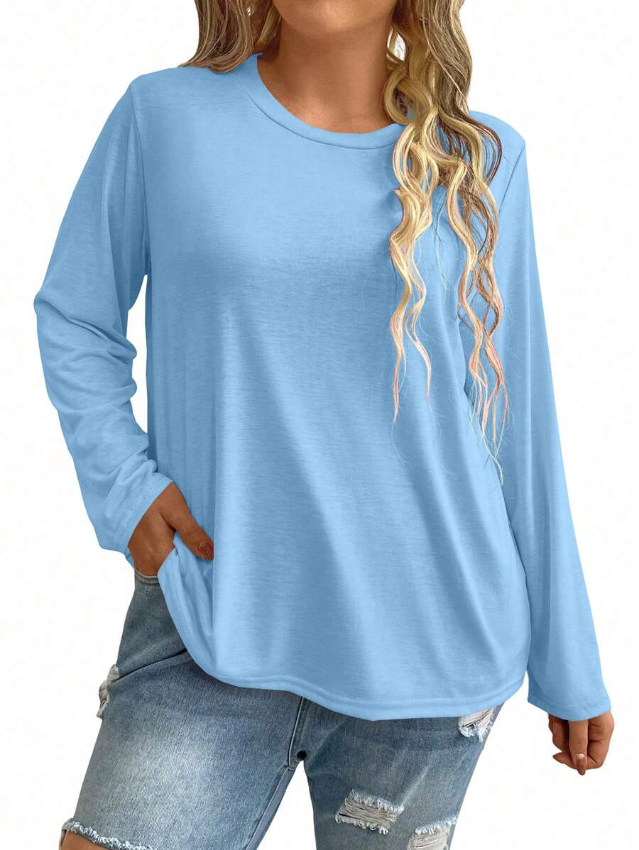 Plus Size Women Solid Color Round Neck Loose Casual Minimalist Daily Commute Base Layer Long Sleeve T-Shirt, Blue, Spring/Autumn - Blue - View 1