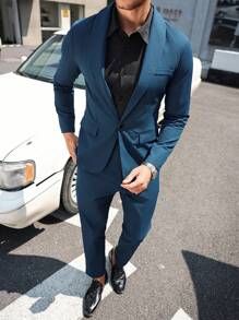 Manfinity Bizformal Men's Plain One Button Long Sleeve Blazer Jacket And Pocket Suit Pants Formal Casual Suit Set
