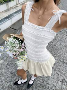 SHEIN Unity Romantic Puff Floral Solid Color Ruffle Hem Thick Strap Summer Sleeveless Dress - Apricot - View 4