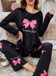 SHEIN 女士140克数码印花牛奶丝睡衣套装，秋冬舒适优雅细节 - 彩色 - 查看 1