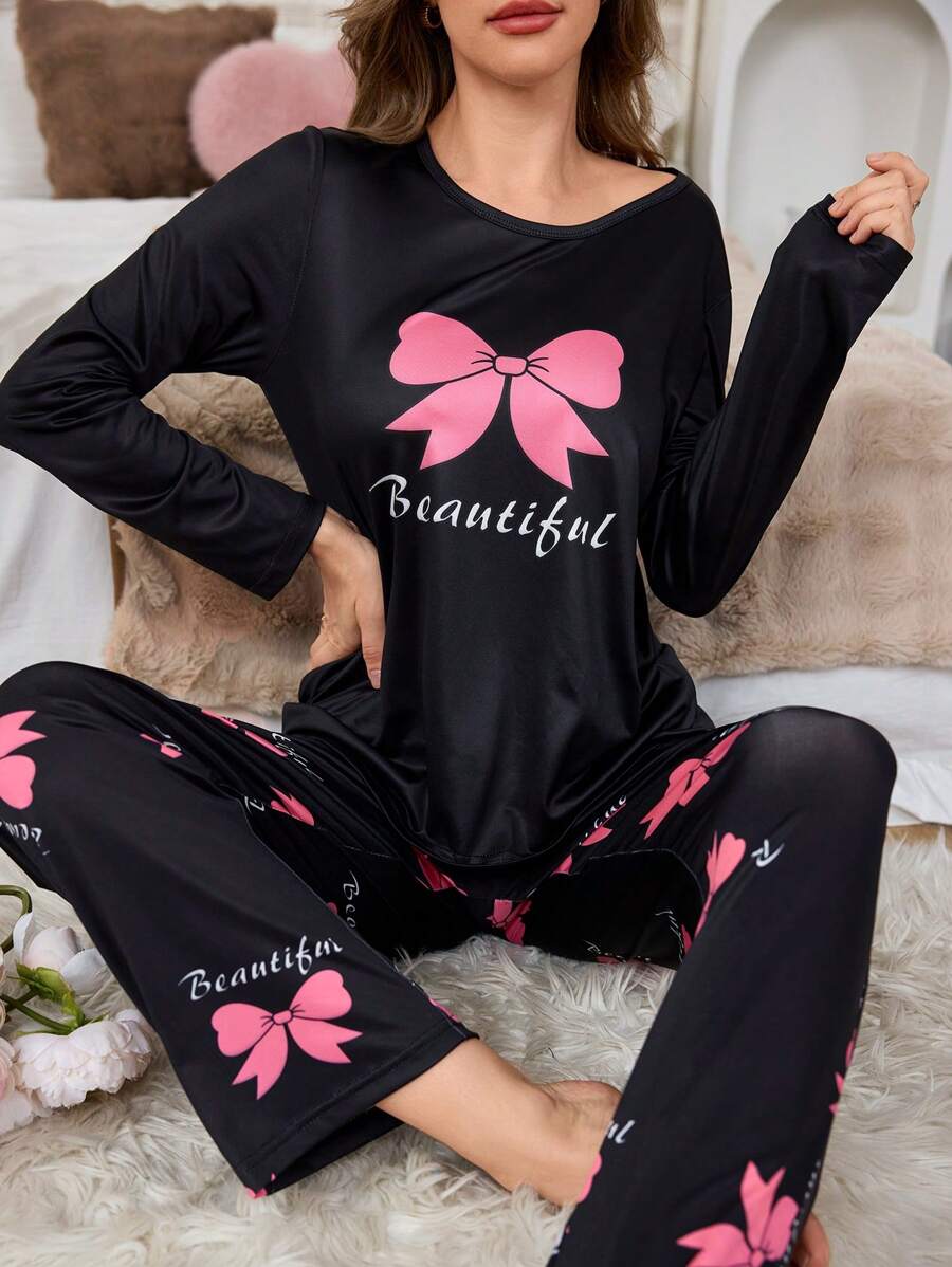 SHEIN 女士140克数码印花牛奶丝睡衣套装，秋冬舒适优雅细节 - 彩色 - 查看 1